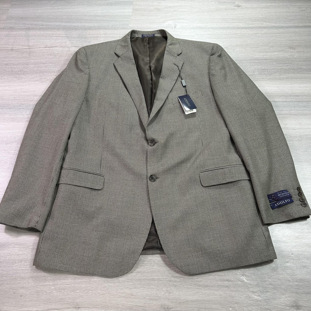 NEW Adolfo Blazer Mens 46 Long‎ Tan Houndstooth Microtech Two Button Sport Coat